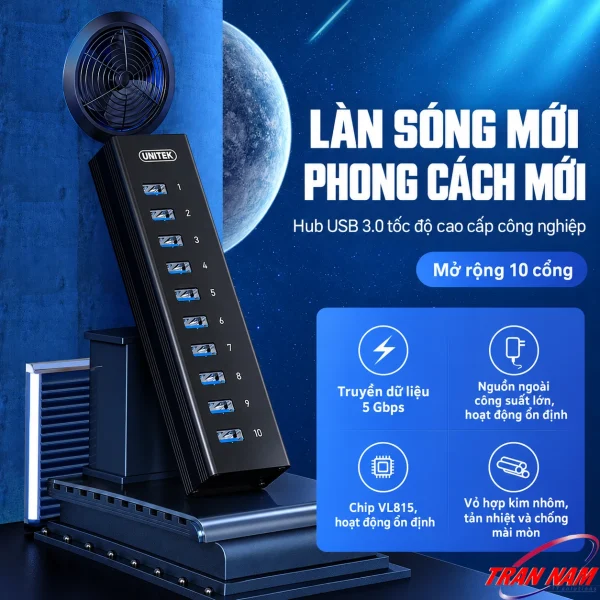 Hub Chia 10 cổng USB 3.0 5Gbps Unitek H305A- Có Nguồn Phụ DC 5V4A 2 Hub USB 3.0 Unitek H305A màu đen với 10 cổng USB-A, hỗ trợ nguồn ngoài