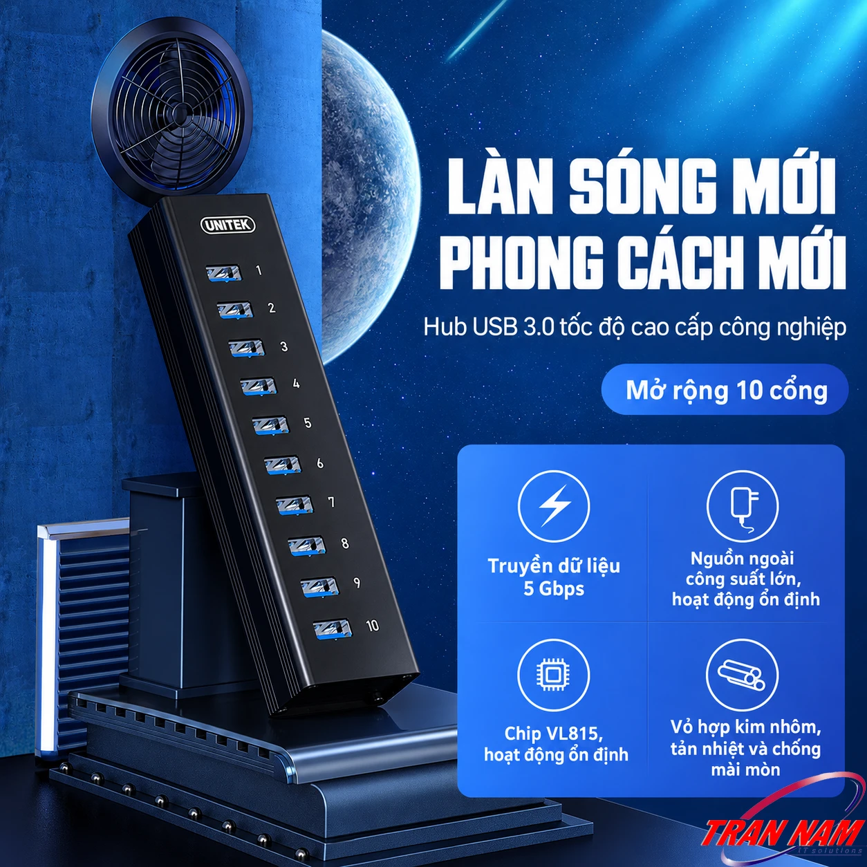 Hub USB 3.0 Unitek H305A 10 cổng hỗ trợ nguồn ngoài Hub USB 3.0 Unitek H305A màu đen với 10 cổng USB-A, hỗ trợ nguồn ngoài