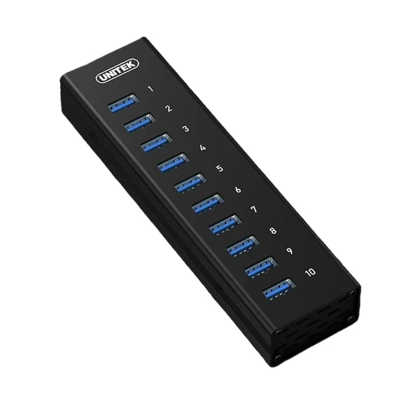 Hub Unitek H305A màu đen nhìn nghiêng, hiển thị 10 cổng USB-A