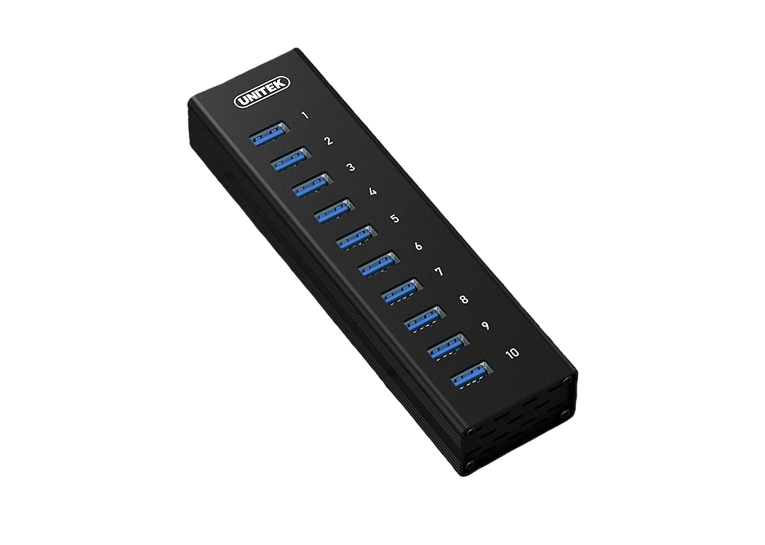 Hub USB 3.0 Unitek H305A 10 cổng nhìn nghiêng Hub Unitek H305A màu đen nhìn nghiêng, hiển thị 10 cổng USB-A