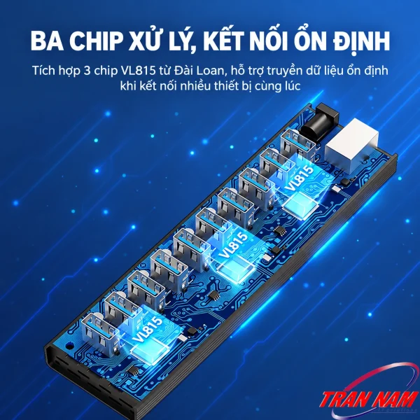 Hub Chia 10 cổng USB 3.0 5Gbps Unitek H305A- Có Nguồn Phụ DC 5V4A 4 Minh họa bo mạch hub USB 3.0 Unitek H305A với ba chip VL815