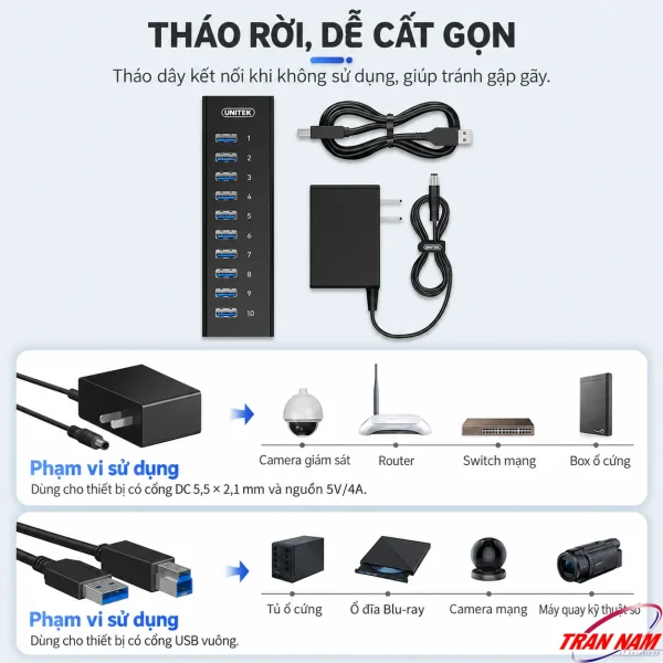 Hub Chia 10 cổng USB 3.0 5Gbps Unitek H305A- Có Nguồn Phụ DC 5V4A 9 Hub Unitek H305A với dây kết nối tháo rời và bộ nguồn ngoài
