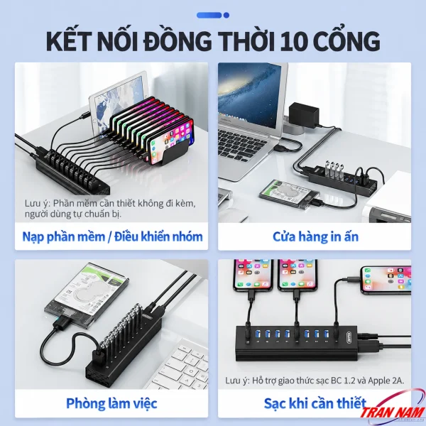 Hub Chia 10 cổng USB 3.0 5Gbps Unitek H305A- Có Nguồn Phụ DC 5V4A 8 Hub Unitek H305A kết nối điện thoại, ổ cứng và USB trong các tình huống sử dụng