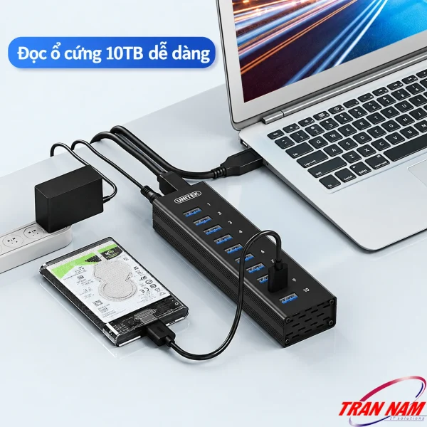 Hub Chia 10 cổng USB 3.0 5Gbps Unitek H305A- Có Nguồn Phụ DC 5V4A 7 Hub Unitek H305A kết nối ổ cứng ngoài với laptop và bộ nguồn phụ