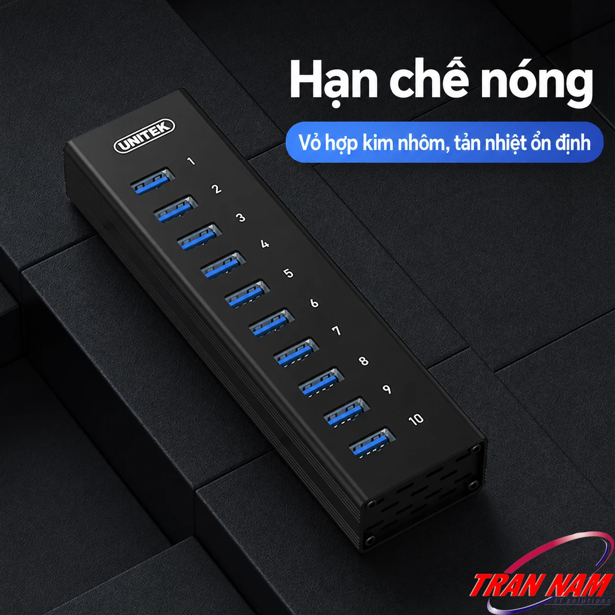 Hub USB 3.0 10 cổng Unitek H305A với vỏ hợp kim nhôm Hub Unitek H305A với 10 cổng USB 3.0 và vỏ hợp kim nhôm màu đen